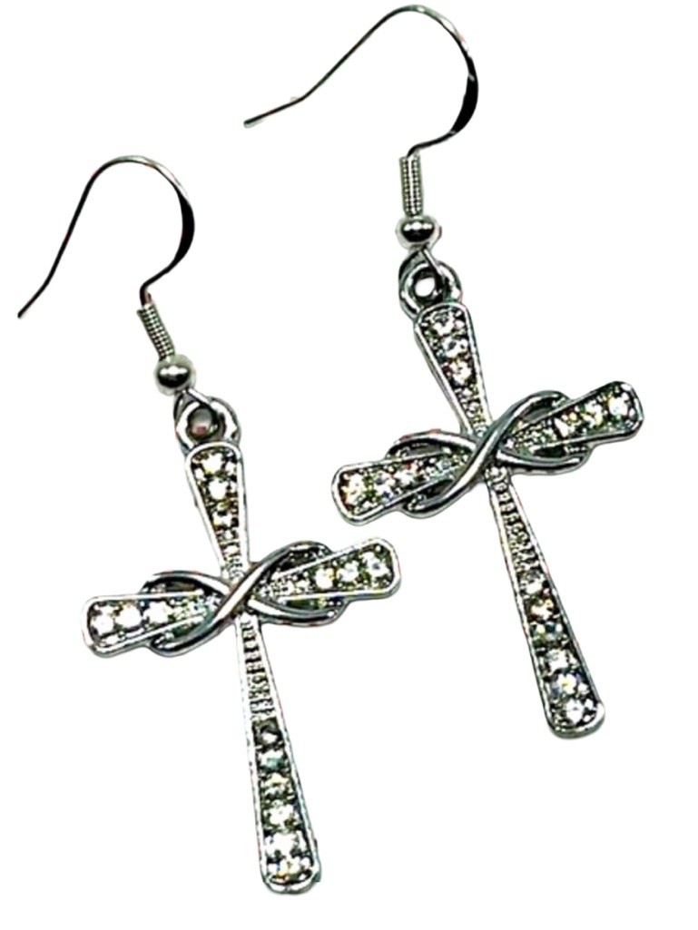 Handmade Sterling Silver Rhinestone Infinity Cross Pendant Earrings!